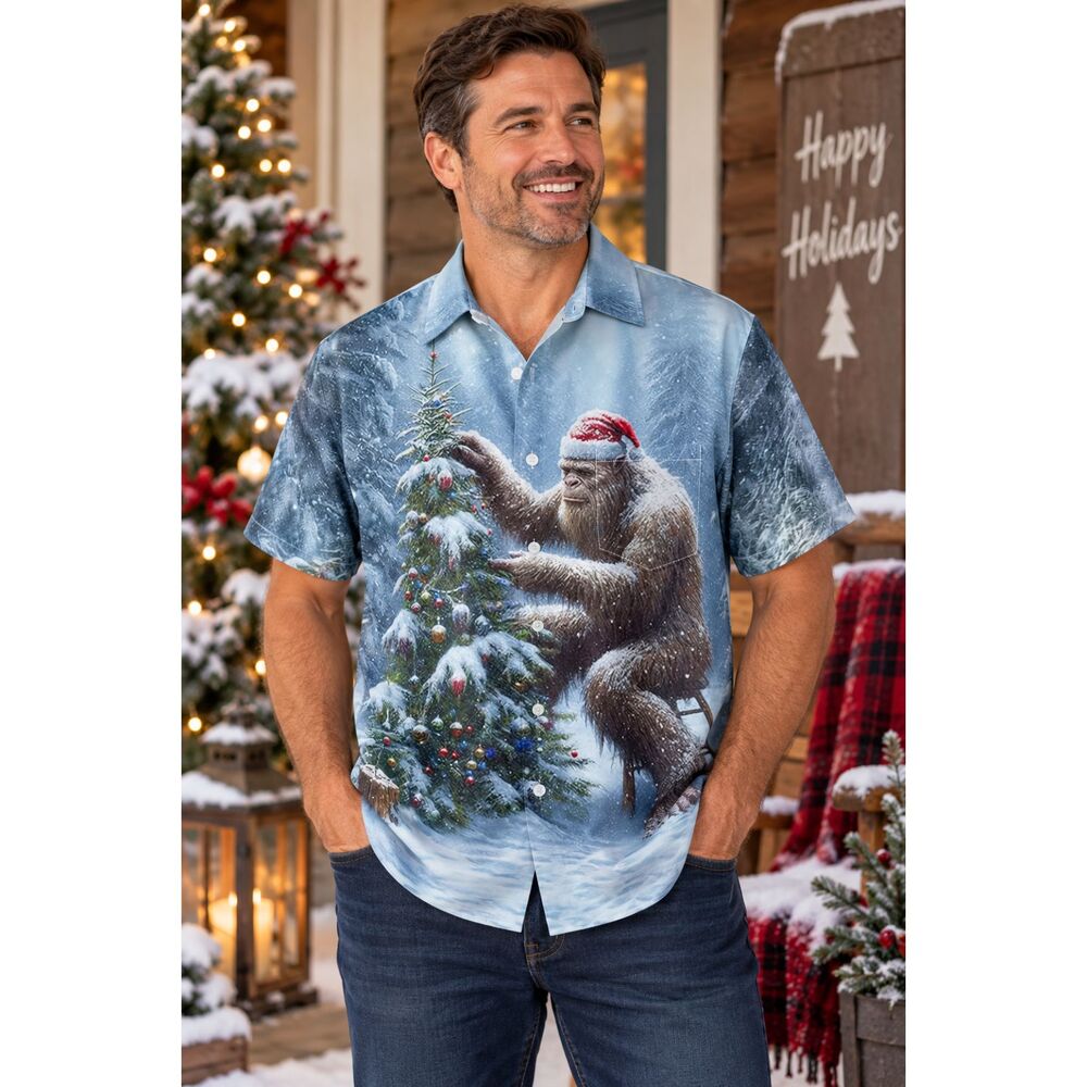 Men’s 2XL Christmas Bigfoot Sasquatch Holiday Button Down Shirt Short Sleeve #16